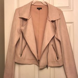 Blush pink suede Moto jacket with pockets